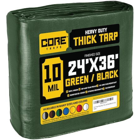 Core Tarps Heavy Duty Tarp, 36 ft L x 0.5 mm H x 24 ft W, 10 Mil, Green/Black, Polyethylene CT-603-24X36